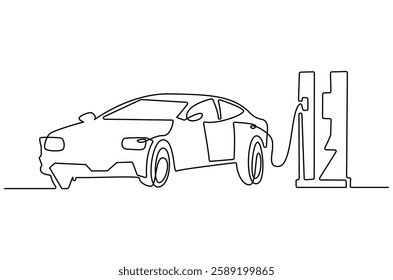 Continuous one line drawing of Electric car at charging stations. Single line drawing illustration of Electric car. Battery Green energy concept vector art. Doodle line illustration.