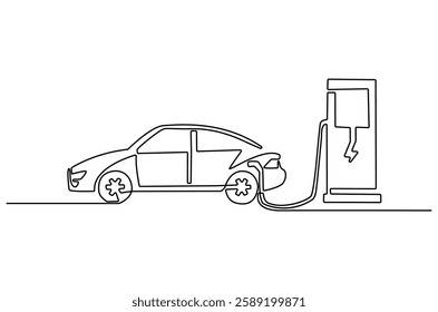 Continuous one line drawing of Electric car at charging stations. Single line drawing illustration of Electric car. Battery Green energy concept vector art. Doodle line illustration.