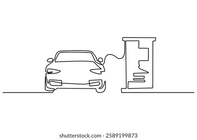 Continuous one line drawing of Electric car at charging stations. Single line drawing illustration of Electric car. Battery Green energy concept vector art. Doodle line illustration.