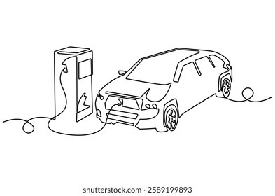 Continuous one line drawing of Electric car at charging stations. Single line drawing illustration of Electric car. Battery Green energy concept vector art. Doodle line illustration.
