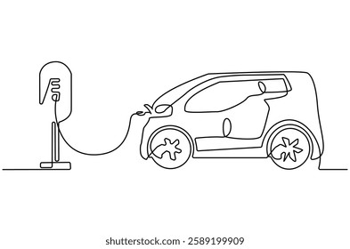 Continuous one line drawing of Electric car at charging stations. Single line drawing illustration of Electric car. Battery Green energy concept vector art. Doodle line illustration.