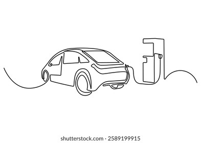 Continuous one line drawing of Electric car at charging stations. Single line drawing illustration of Electric car. Battery Green energy concept vector art. Doodle line illustration.
