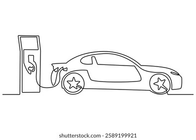 Continuous one line drawing of Electric car at charging stations. Single line drawing illustration of Electric car. Battery Green energy concept vector art. Doodle line illustration.