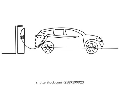 Continuous one line drawing of Electric car at charging stations. Single line drawing illustration of Electric car. Battery Green energy concept vector art. Doodle line illustration.