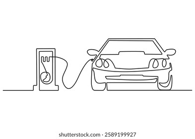 Continuous one line drawing of Electric car at charging stations. Single line drawing illustration of Electric car. Battery Green energy concept vector art. Doodle line illustration.