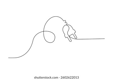 Continuous one line drawing of Electric plug in. Single line drawing illustration of Electrical plug. Go green energy concept vector art. Doodle line illustration.