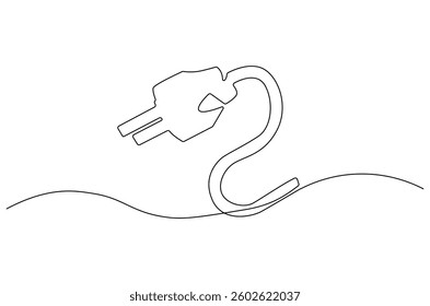 Continuous one line drawing of Electric plug in. Single line drawing illustration of Electrical plug. Go green energy concept vector art. Doodle line illustration.