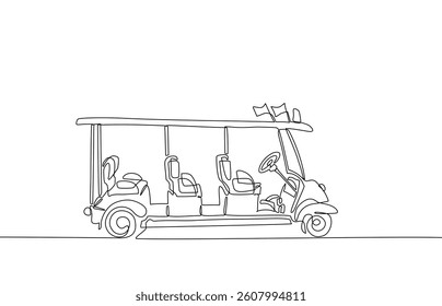 Continuous one line drawing of electric golf cart with multiple seats, minimal style, eco transport concept, side view.