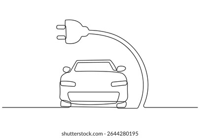Continuous one line drawing of Electric car at charging stations. Single line drawing illustration of Electric car. Battery Green energy concept vector art. Doodle line illustration.