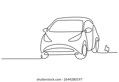 Continuous one line drawing of Electric car at charging stations. Single line drawing illustration of Electric car. Battery Green energy concept vector art. Doodle line illustration.