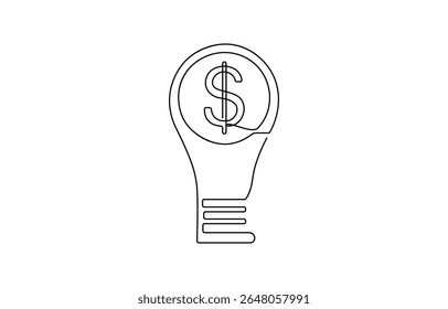 Desenho contínuo de uma linha de lâmpada elétrica com sinal de dólar Conceito de emergência ideia, Dinheiro fazendo ideia, Lâmpada criativa, Negócios e conceito financeiro.