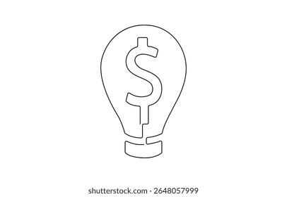Continuous one line drawing of electric light bulb with dollar sign Concept of idea emergence, Money making idea, Creative lightbulb, Business and finance concept.