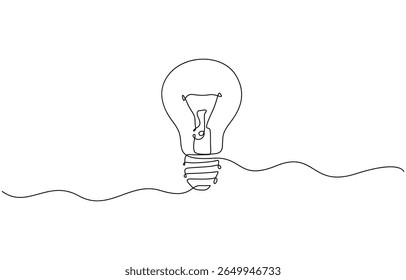 Continuous one line drawing of electric light bulb outline vector art illustration, Light bulb isolated on white light bulb one line outline vector, Continuous one line drawing bulb lamp vector.