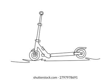 Continuous one line drawing electric push scooter from side profile view. Extended standing chassis plate, compact wheels, and tall handlebar stem. Single line draw design vector graphic illustration