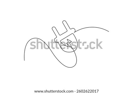 Continuous one line drawing of Electric plug in. Single line drawing illustration of Electrical plug. Go green energy concept vector art. Doodle line illustration.