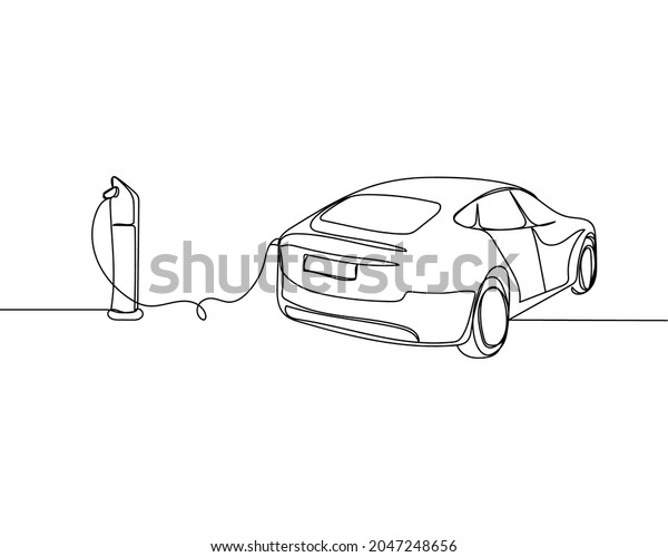 Continuous one line drawing of\
electric car plug in electric vehicle charging in silhouette on a\
white background. Linear\
stylized.Minimalist.