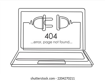 continuous One  line drawing of Electrical outlet and plug unplugged. 404 error, page not found on screen laptop, connection error or time out. 