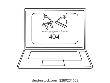 continuous One  line drawing of Electrical outlet and plug unplugged. 404 error, page not found on screen laptop, connection error or time out. 