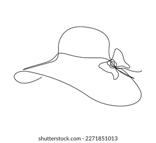 Continuous one line drawing of elegant women sun hat. Simple female summer hat  line art vector illustration.  