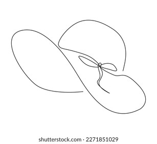 Dibujo continuo de una línea de elegante sombrero de sol para mujeres. Ilustración vectorial de la línea de la línea de la línea del sombrero de verano simple.  