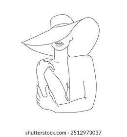 Dibujo continuo de una línea de retrato femenino elegante con sombrero. Plantilla artística minimalista lineal de la cara de la mujer. Ilustración vectorial para el arte de la pared, cartel, tarjeta, volante, Anuncio, folleto de moda