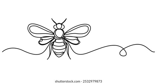 Kontinuierliche einzeilige Zeichnung der eleganten Honigbiene für Firmenlogo Identität. Bio-Honigbauernhof-Ikone Konzept, Vektorgrafik, durchgehende Linienzeichnung einer fliegenden Biene, hinterlässt eine Spur