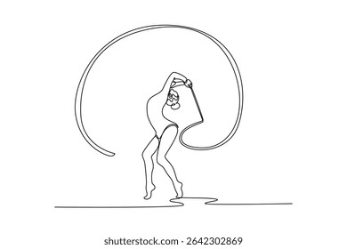 Continuous one line drawing of elegant female gymnast in stunning backbend, skillfully twirling ribbon. Capturing grace, flexibility, and precision. Single line draw design vector graphic illustration