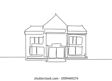 Continuous one line drawing elementary school building at the small city. Back to school hand drawn minimalism concept. Single line draw design for education vector graphic illustration
