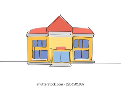 Continuous one line drawing elementary school building at the small city. Back to school hand drawn minimalism concept. Single line draw design for education vector graphic illustration