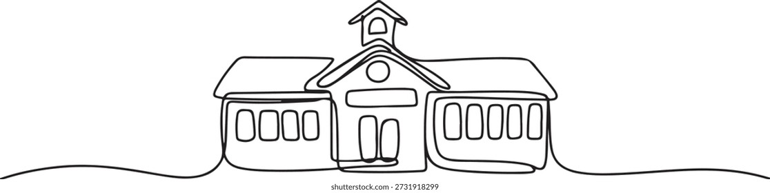 Continuous one line drawing elementary school building at the small city. Back to school hand drawn minimalism concept. Single line draw design. one line Icon drawing
