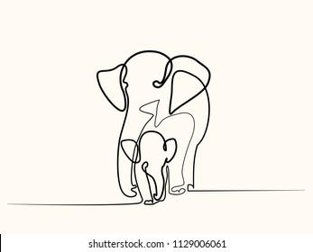 Continuous one line drawing. Elephant with baby symbol. Logo of the elephant. Vector illustration