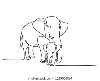 Continuous one line drawing. Elephant with baby symbol. Logo of the elephant. Vector illustration