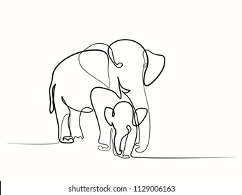 Continuous one line drawing. Elephant with baby symbol. Logo of the elephant. Vector illustration