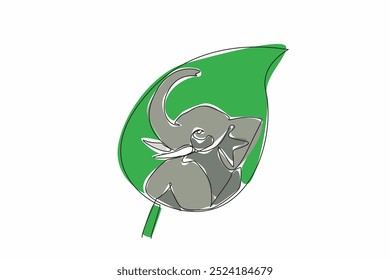 Continuous one line drawing elephant head in the middle of the leaf. Stop large-scale ivory poaching. Let it breed. Natural habitats. World Wildlife Day. Single line draw design vector illustration.