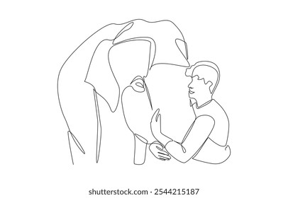 Continuous one line drawing of elephant using trunk to hug young man, wildlife lover concept, single line art.