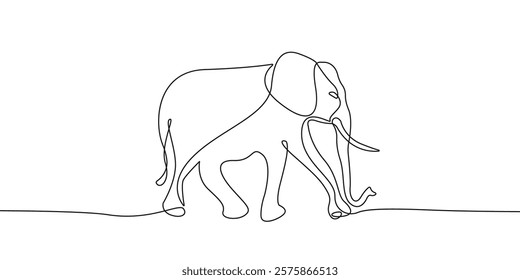 Continuous One Line Drawing of Elephant. Vector One Line Illustration of Elephant Walking Black Sketch Isolated on White Background. Not AI