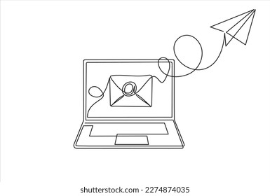 continuous one line drawing of 
Email message post letter send illustration sketch outline drawing.One line laptop, paper plane and envelope.  