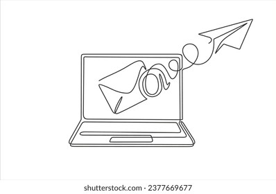 trazado continuo de una línea 
Mensaje de correo electrónico carta enviar ilustración esbozar dibujo.Un portátil de una línea, plano de papel y sobre. La mano dibujó un vector de línea.