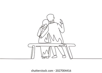 Continuous one line drawing embracing Arabian couple sitting on bench. Happy family concept. Couple in relationship in love. Happy man hugging his partner woman. Single line draw design vector graphic