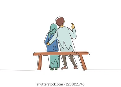 Continuous one line drawing embracing Arabian couple sitting on bench. Happy family concept. Couple in relationship in love. Happy man hugging his partner woman. Single line draw design vector graphic