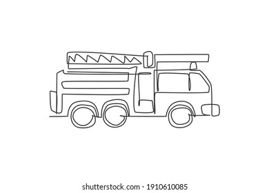 Continuous one line drawing of emergency road vehicle fire engine. Fire truck rescue as fire fighter apparatus hand drawn minimalist concept. Modern single line draw design vector graphic illustration