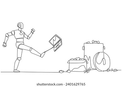 Continuous one line drawing emotional robot kicked laptop into the trash. Many bugs go wrong when programming artificial intelligence. Future technology. Single line draw design vector illustration