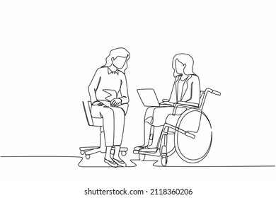 Continuous one line drawing employee and disabilities   inclusion work together in office  Disabled female wheelchair and coworker sit communicate using laptop  Single line draw design vector
