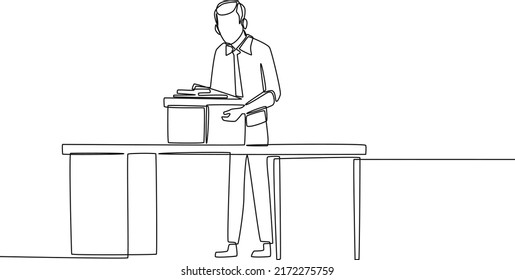 Continuous one line drawing Employee holding personal belongings in their resign box from the table. Human resources concept. Single line draw design vector graphic illustration.
