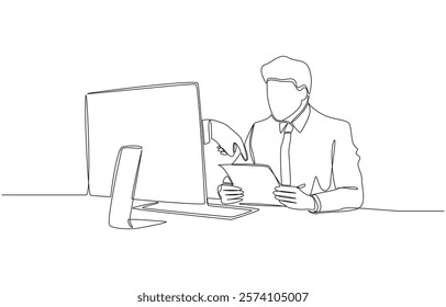 Continuous one line drawing of employee looking at work order document from boss, office working, suggestion for correcting work from supervisor concept, single line art