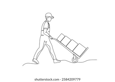 Continuous one line drawing An employee carrying a package to the warehouse. Single line draw design vector graphic illustration
