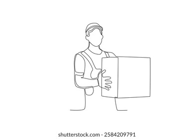 Continuous one line drawing employee who is lifting the package in the warehouse. Single line draw design vector graphic illustration
