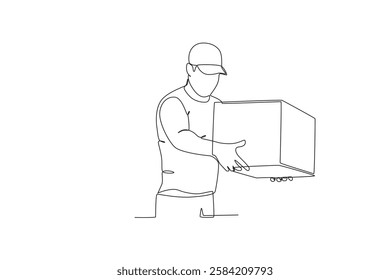 Continuous one line drawing employee who is lifting the package in the warehouse. Single line draw design vector graphic illustration
