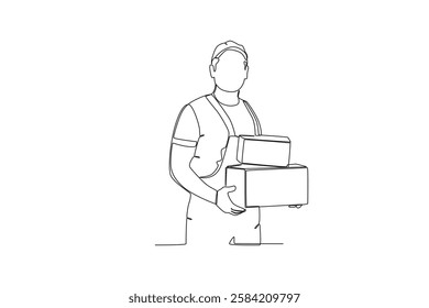 Continuous one line drawing employee who is lifting the package in the warehouse. Single line draw design vector graphic illustration
