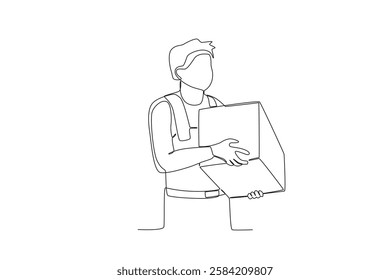 Continuous one line drawing employee who is lifting the package in the warehouse. Single line draw design vector graphic illustration
